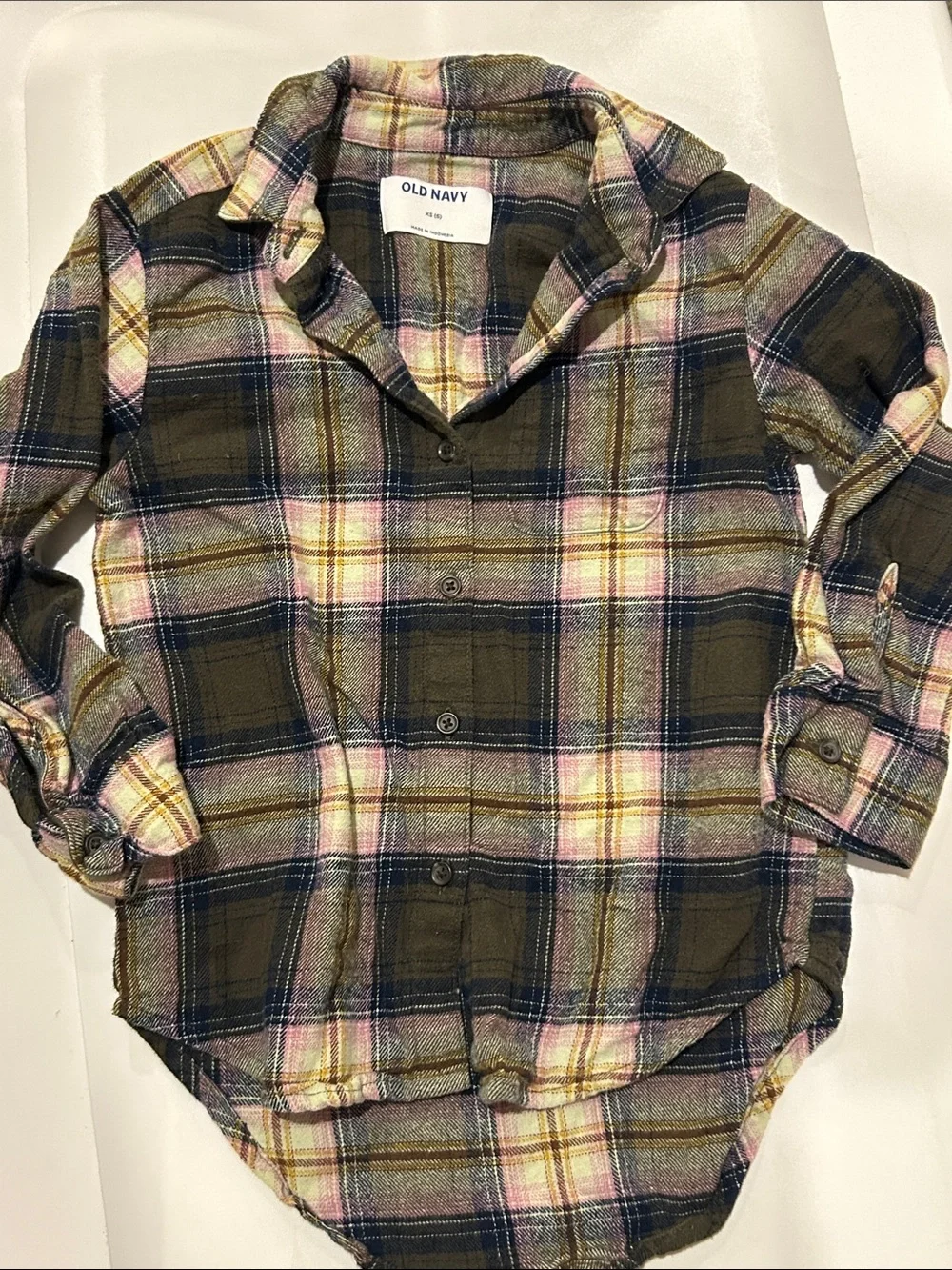 Old Navy Olive, Pink & Yellow Plaid Flannel Girls' Button-Down Shirt